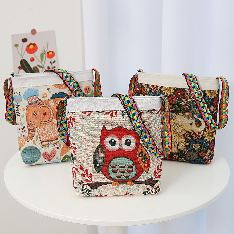 New Elephant Owl Women'S Crossbody Bag Double-Sided Casual Jacquard Embroidered Ethnic Style Cloth Bag - Image 3