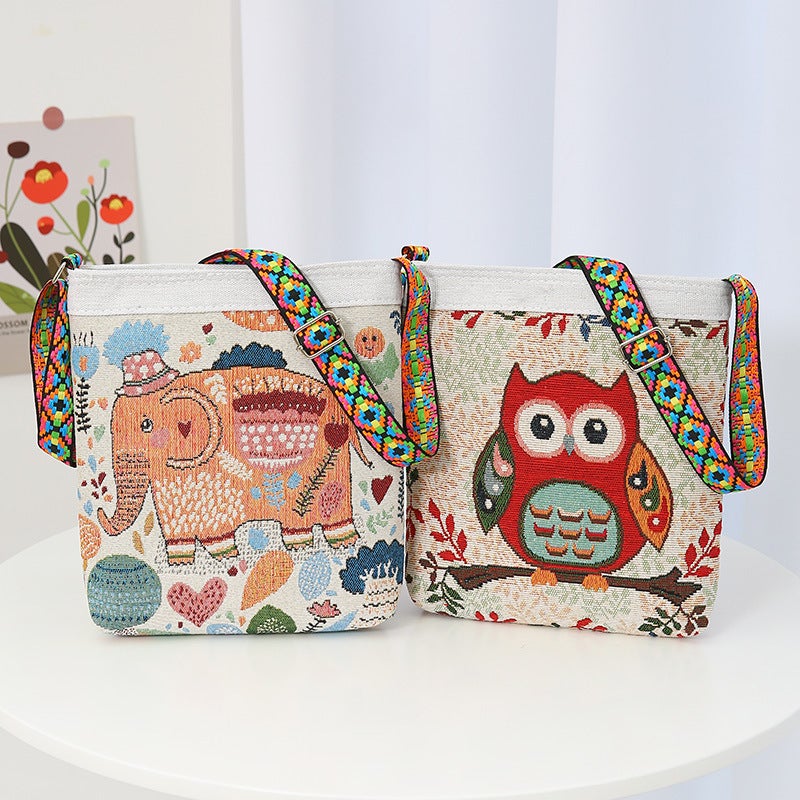 New Elephant Owl Women'S Crossbody Bag Double-Sided Casual Jacquard Embroidered Ethnic Style Cloth Bag - Image 2
