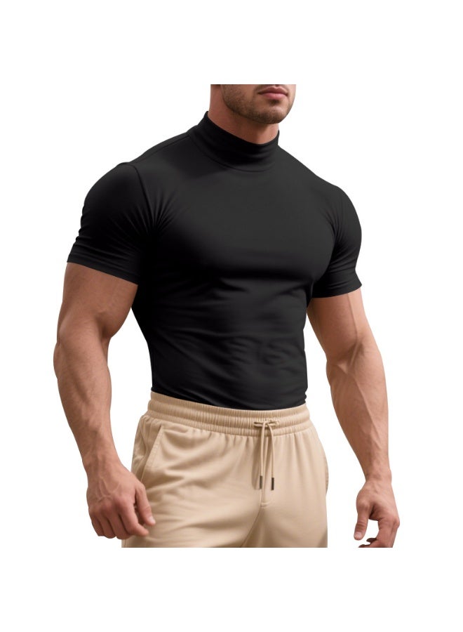 Casual Summer Short Sleeve T-Shirt Men's Slim Fit High Collar Breathable Base Shirt  Short Sleeve Tee - Image 1