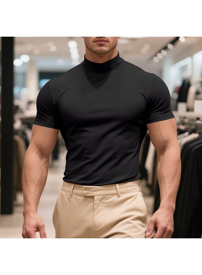 Casual Summer Short Sleeve T-Shirt Men's Slim Fit High Collar Breathable Base Shirt  Short Sleeve Tee - Image 2