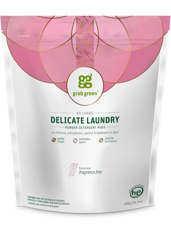 Grab Green Delicate Laundry Detergent Pods, 60 Count, Fragrance Free, Plant and Mineral Based, Gently Cleans, Eliminates Stains, Ideal for Fine Fabrics - Image 1