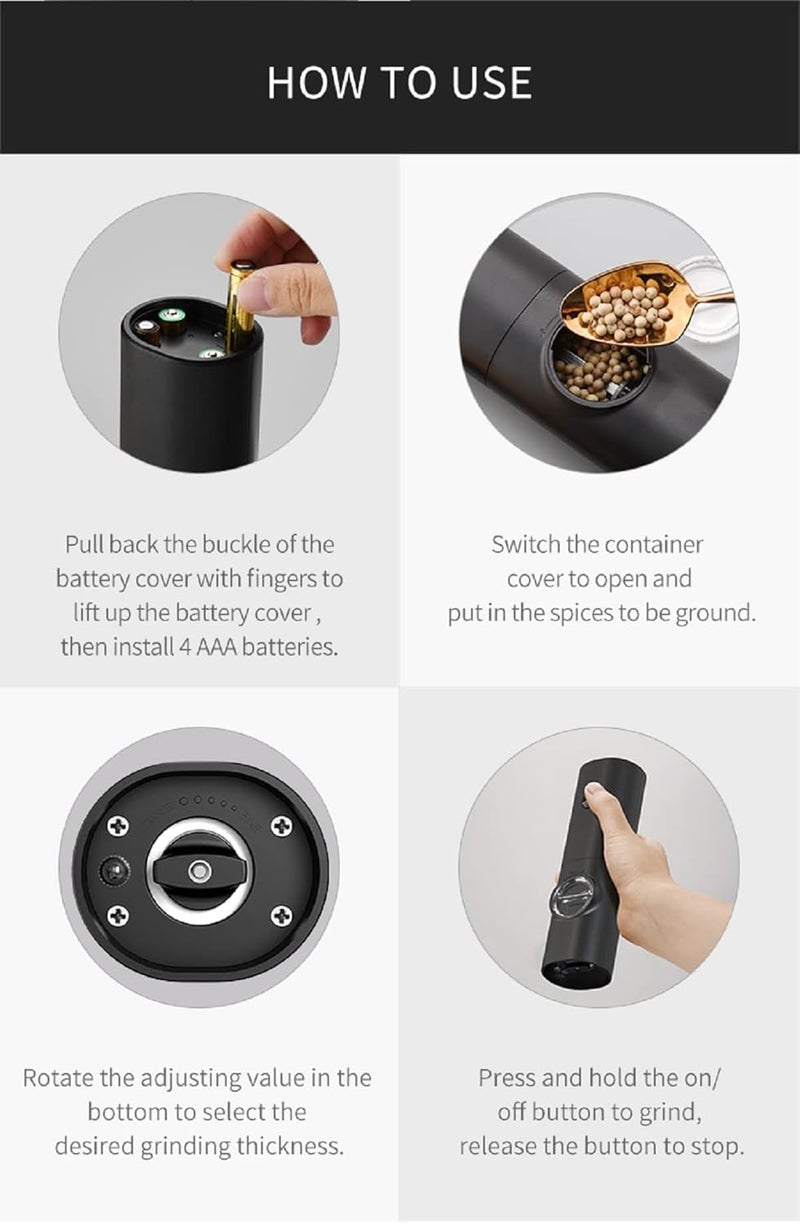 DRIXTY Electric Salt and Pepper Grinder Battery Operated Stainless Steel Pepper Mill with Light Push Button OneHand Operation Adjustable Coarseness - Image 3