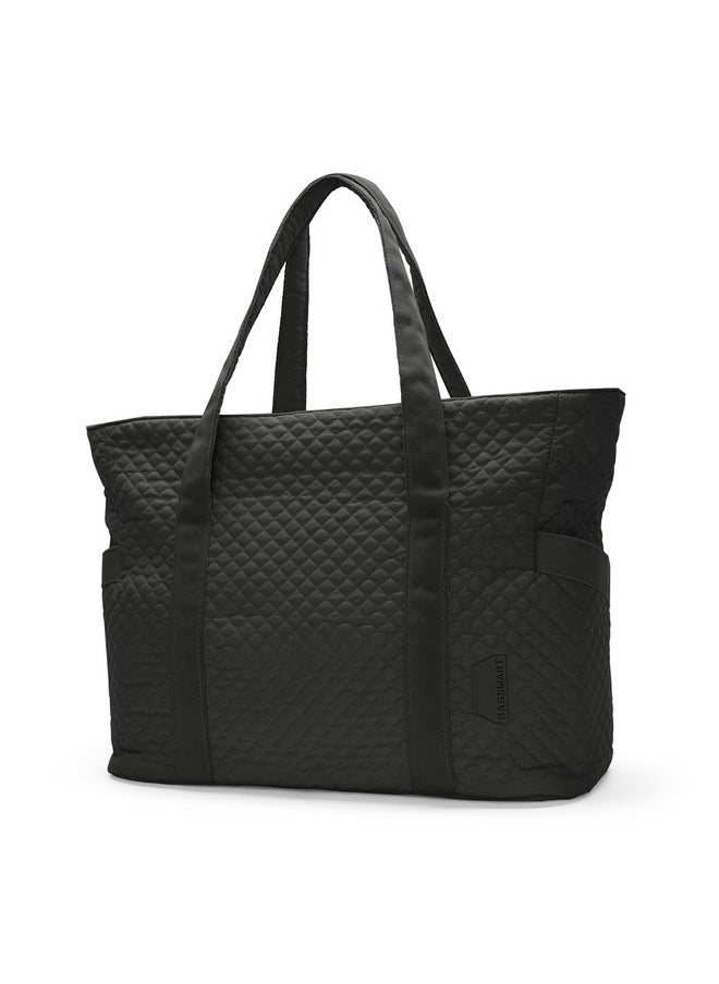 BAGSMART BAGSMART Large Tote Bag For Women, Travel Shoulder Bag Top Handle Handbag with Yoga Mat Buckle for Gym, Work, Travel(Black, Large  - Image 1