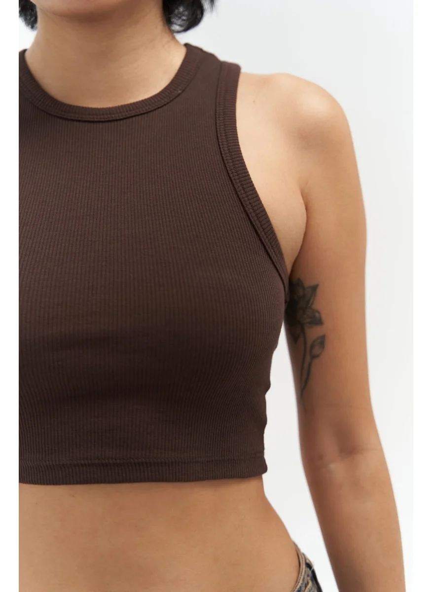 Mai Collection Fleur Ribbed Halter Neck Brown Crop