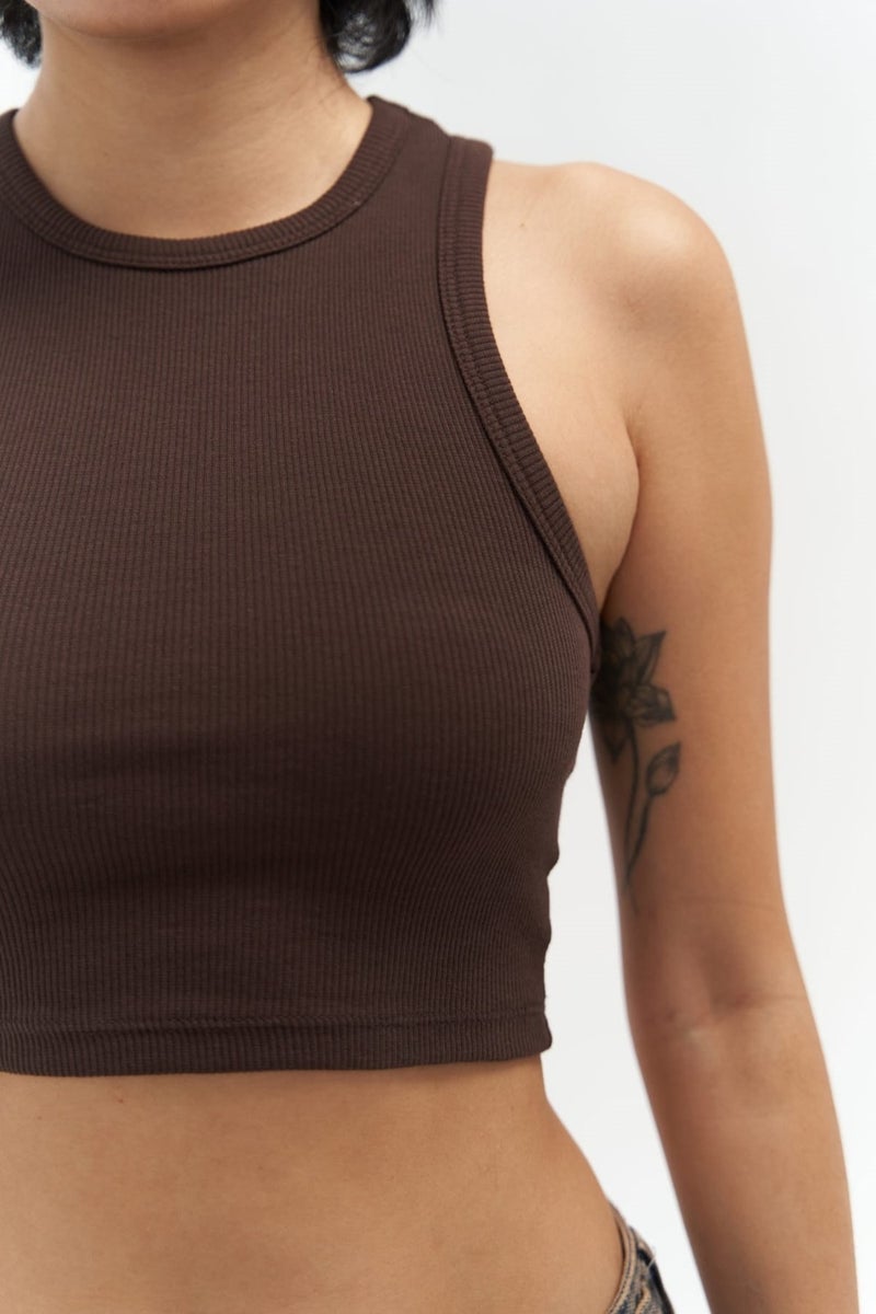 Mai Collection Fleur Ribbed Halter Neck Brown Crop  - Image 2