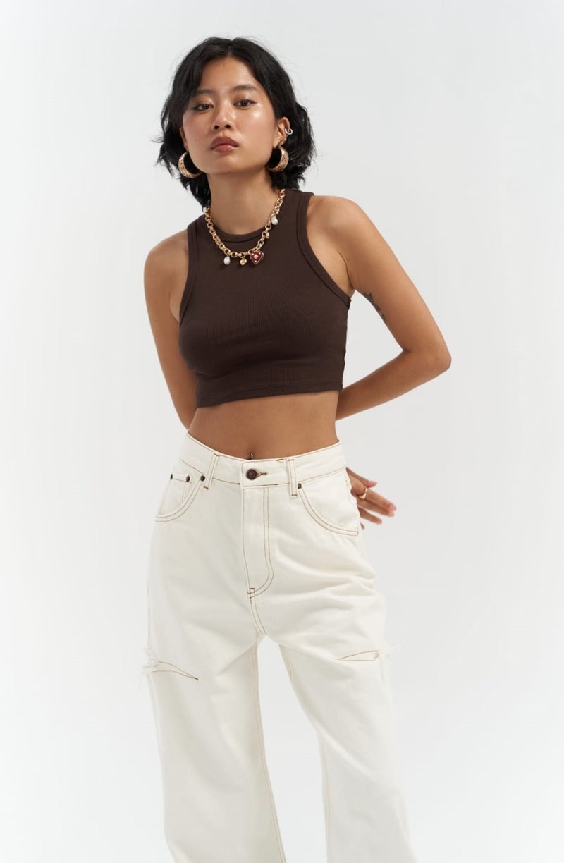 Mai Collection Fleur Ribbed Halter Neck Brown Crop  - Image 5