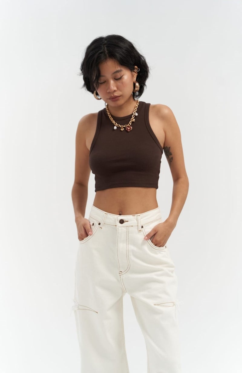 Mai Collection Fleur Ribbed Halter Neck Brown Crop  - Image 4