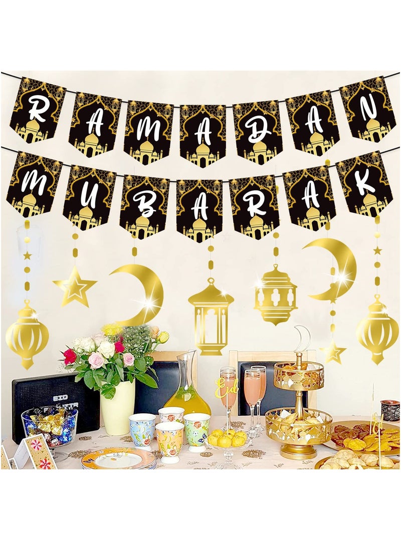 تابيت - مجموعة لافتات عيد مبارك زينة عيد مبارك باللونين الذهبي والأسود زينة عيد مبارك للمنزل زينة معلقة على شكل قمر ونجوم زينة عيد الفطر - Image 1