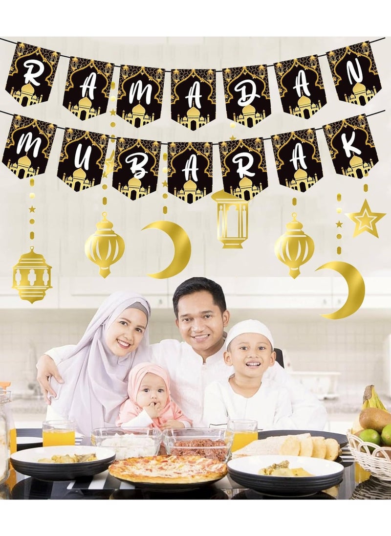 تابيت - مجموعة لافتات عيد مبارك زينة عيد مبارك باللونين الذهبي والأسود زينة عيد مبارك للمنزل زينة معلقة على شكل قمر ونجوم زينة عيد الفطر - Image 1