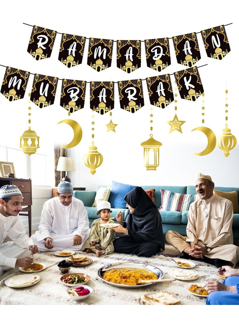 تابيت - مجموعة لافتات عيد مبارك زينة عيد مبارك باللونين الذهبي والأسود زينة عيد مبارك للمنزل زينة معلقة على شكل قمر ونجوم زينة عيد الفطر - Image 1