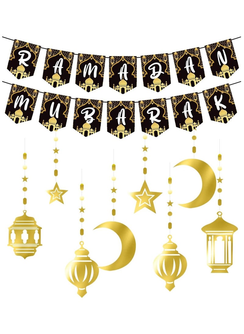 تابيت - مجموعة لافتات عيد مبارك زينة عيد مبارك باللونين الذهبي والأسود زينة عيد مبارك للمنزل زينة معلقة على شكل قمر ونجوم زينة عيد الفطر - Image 1