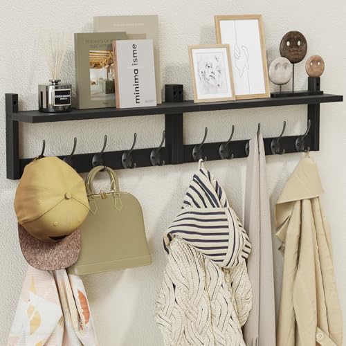 AMBIRD 342 Extra Long Wooden Wall Hook Rack with Shelf Versatile and Decorative WallMounted Storage with 10 Hooks for Coats Hats Keys Ideal for Entryways Bedrooms Closets Stylish Black - Image 1