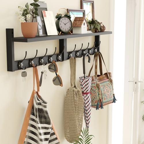 AMBIRD 342 Extra Long Wooden Wall Hook Rack with Shelf Versatile and Decorative WallMounted Storage with 10 Hooks for Coats Hats Keys Ideal for Entryways Bedrooms Closets Stylish Black - Image 3