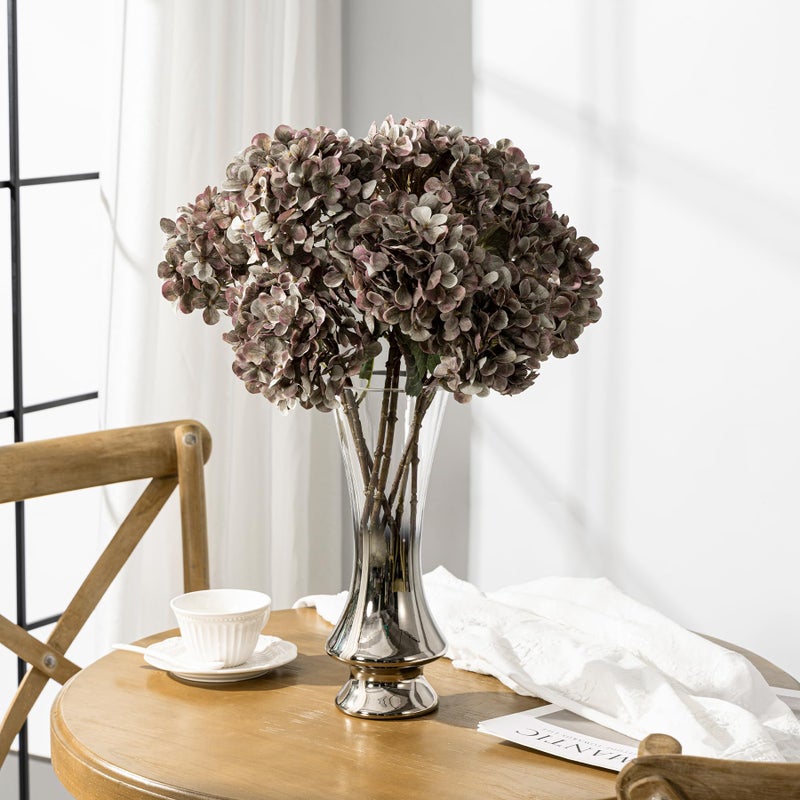 Uqueeten Artificial Flower Fake Silk Hydrangea Heads Bouquet with Stems Bulk for Fall Decoration Table Center Christmas Indoor Outdoor Faux Floral Realistic with Leaves Plants Crafts 8PCS(Brown) - Image 2