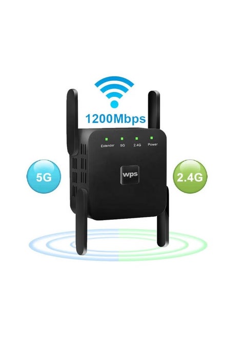 WiFi Extender 2.4G/5G Dual Band Repeater, Speed 1200Mbps with Ethernet Port (Black）