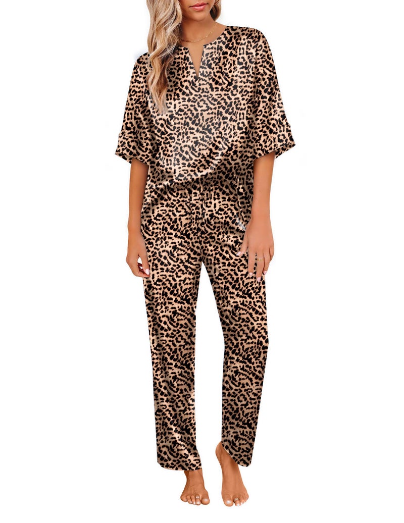 Ekouaer Satin Pajama Set Womens Silk Short Sleeve V Neck Shirt with Long Pant Soft Loungewear Pjs Set Brown - Image 1