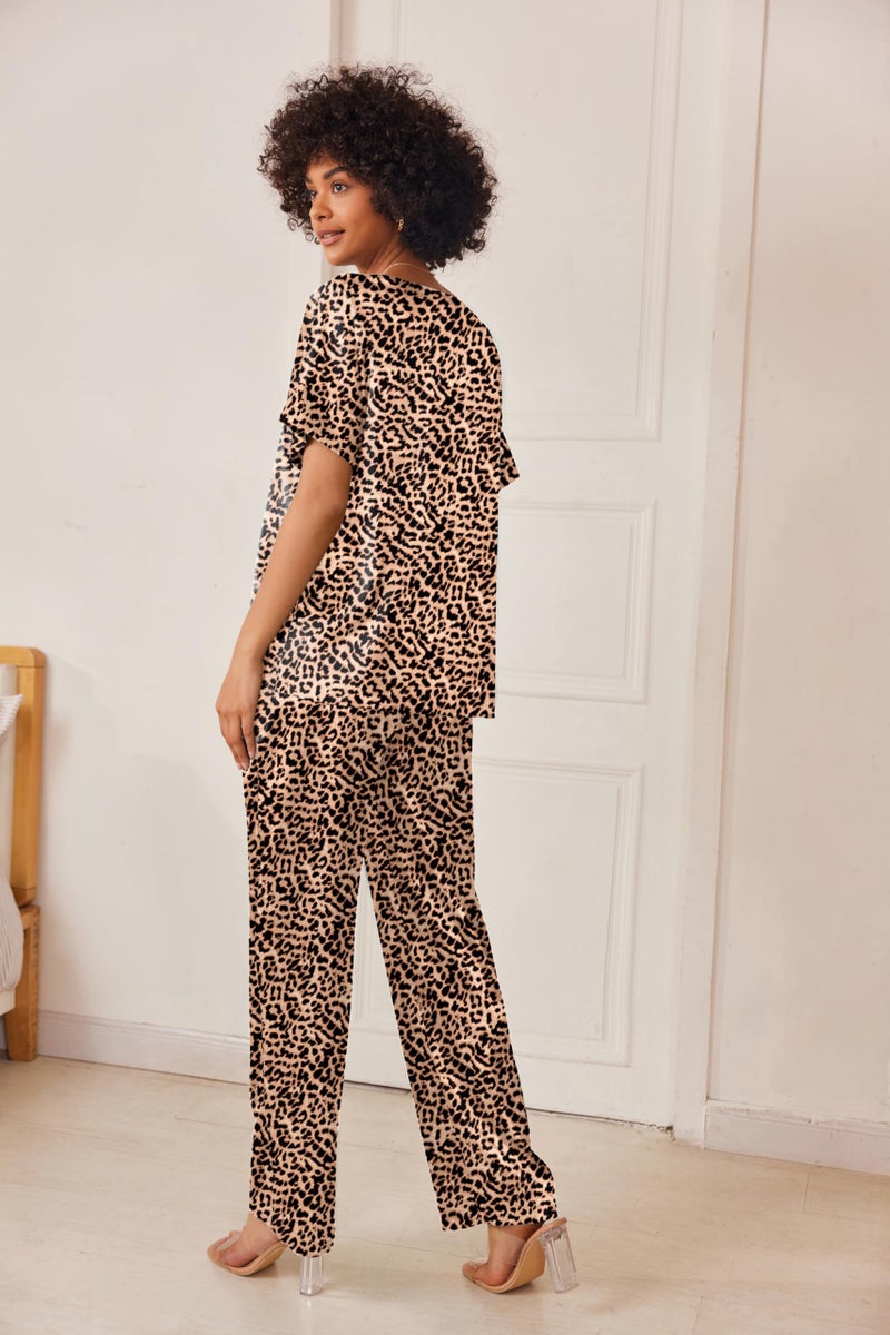 Ekouaer Satin Pajama Set Womens Silk Short Sleeve V Neck Shirt with Long Pant Soft Loungewear Pjs Set Brown - Image 4