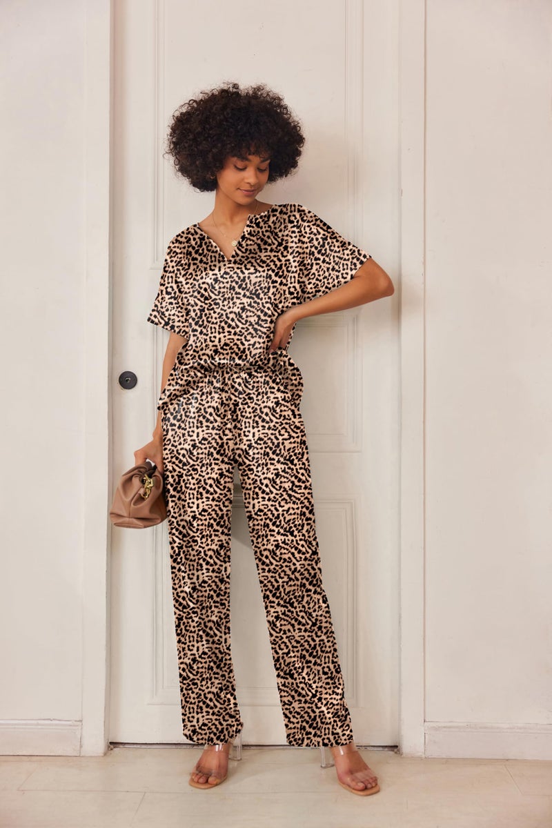 Ekouaer Satin Pajama Set Womens Silk Short Sleeve V Neck Shirt with Long Pant Soft Loungewear Pjs Set Brown - Image 3