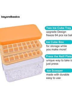 Beyond Basics Ice Cube Tray With Lid Storage Box - Press Type 32x2 Double Ice Cubes Tray Easy Press Silicone Ice Cube Tray with Ice Container Orange  - Image 3