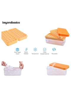 Beyond Basics Ice Cube Tray With Lid Storage Box - Press Type 32x2 Double Ice Cubes Tray Easy Press Silicone Ice Cube Tray with Ice Container Orange  - Image 2