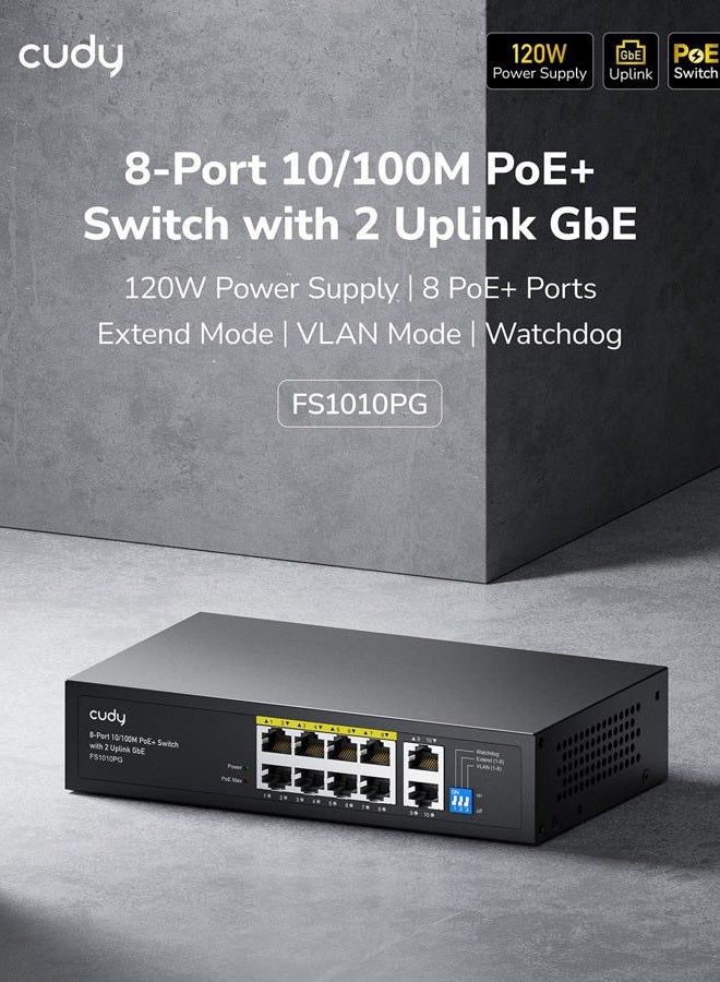 cudy 8 Port PoE+ Switch with 2 Gigabit Uplink Ports 120W, 8 10/100Mbps PoE+@120W, Extend/VLAN Mode, 802.3af/at Standard, Fanless, Watchdog, Plug and Play FS1010PG - Image 2