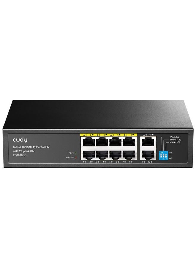 cudy 8 Port PoE+ Switch with 2 Gigabit Uplink Ports 120W, 8 10/100Mbps PoE+@120W, Extend/VLAN Mode, 802.3af/at Standard, Fanless, Watchdog, Plug and Play FS1010PG - Image 1