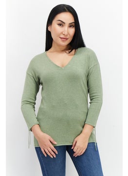 Zero Women V-Neck Long Sleeve Textured Top, Olive  - Image 1