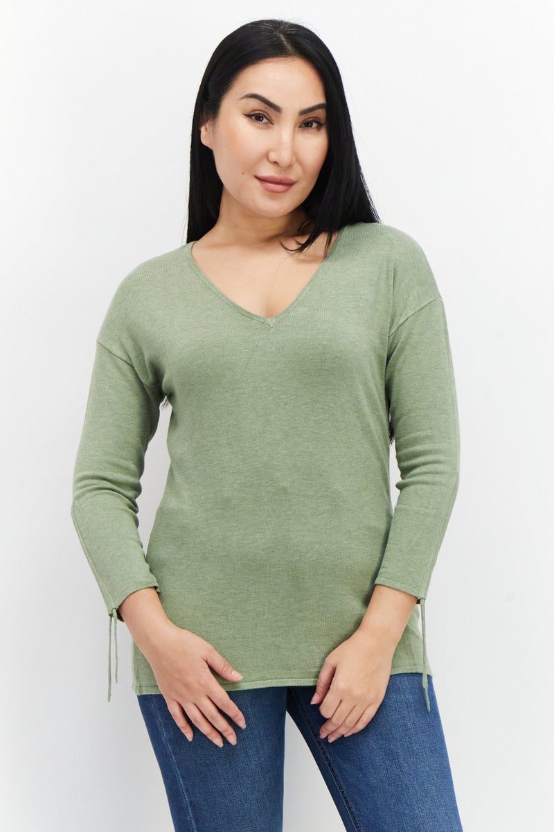 Zero Women V-Neck Long Sleeve Textured Top, Olive - Image 1