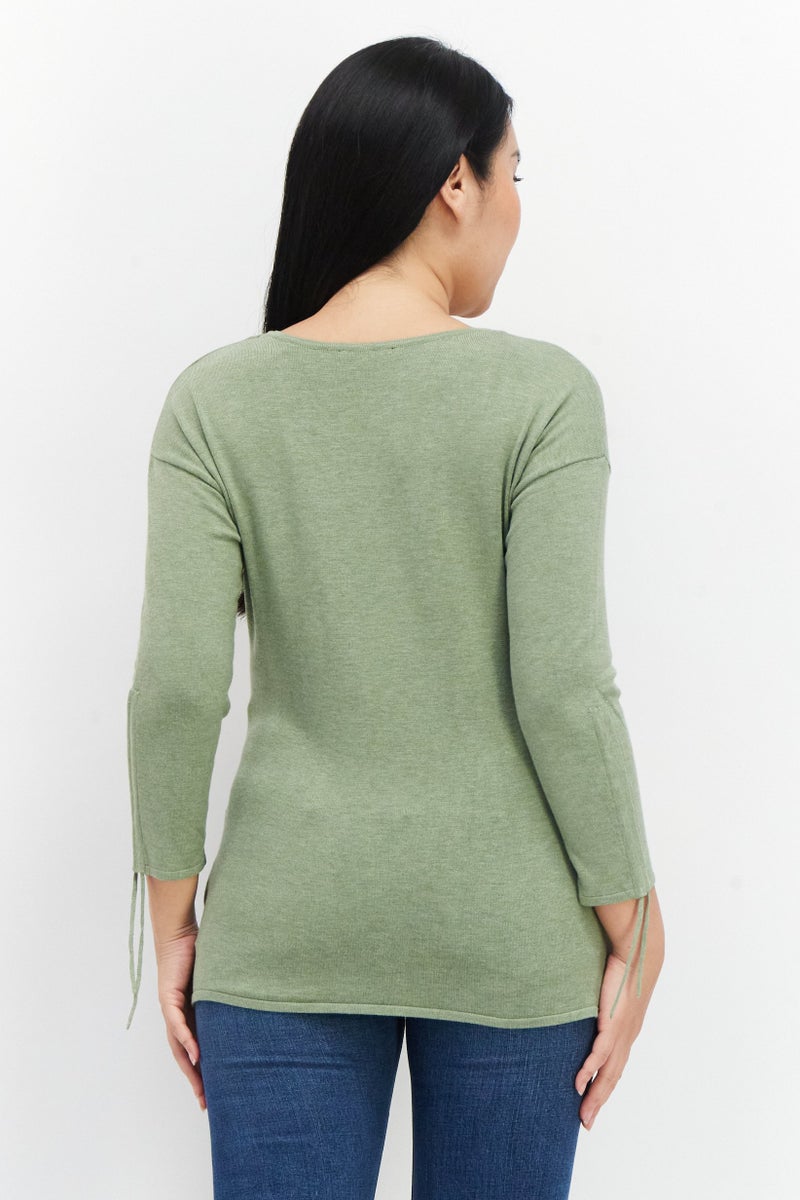 Zero Women V-Neck Long Sleeve Textured Top, Olive - Image 3