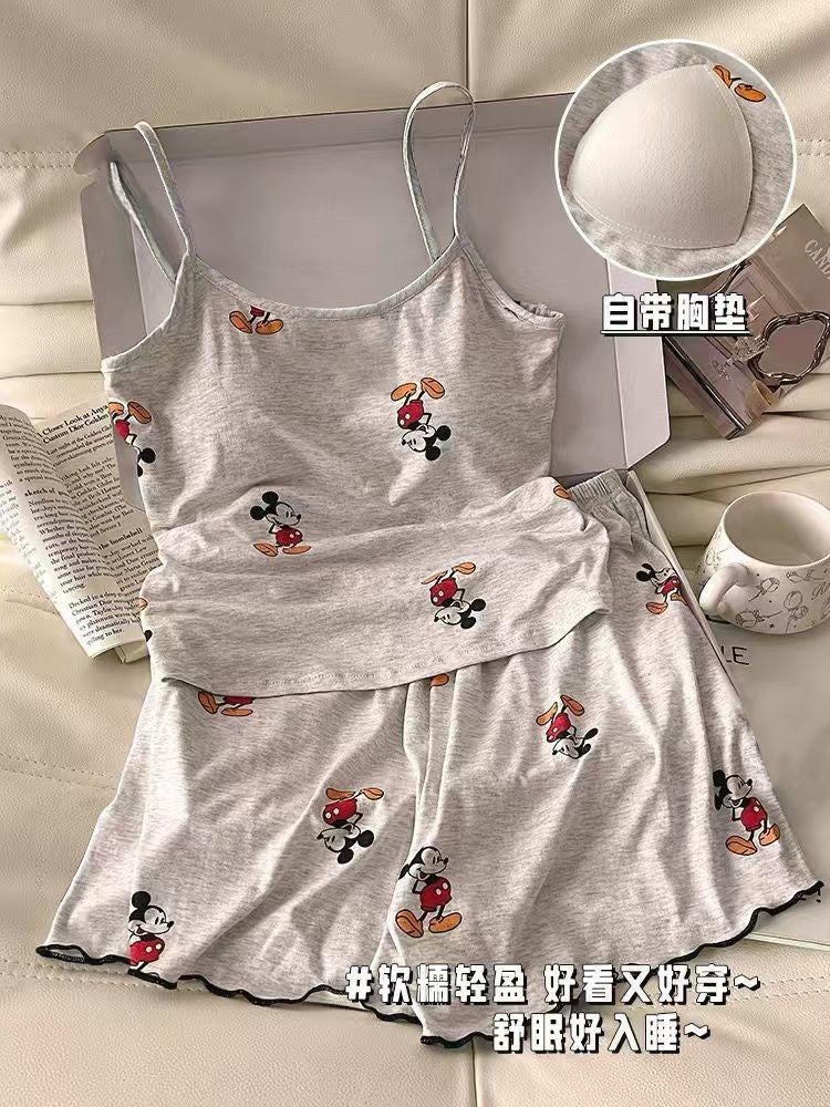 [Upgraded Version] Chest Pad Pajamas Women's Cross-border Floral Shorts Threaded Vest Elastic Sling Base suit Home - Image 1