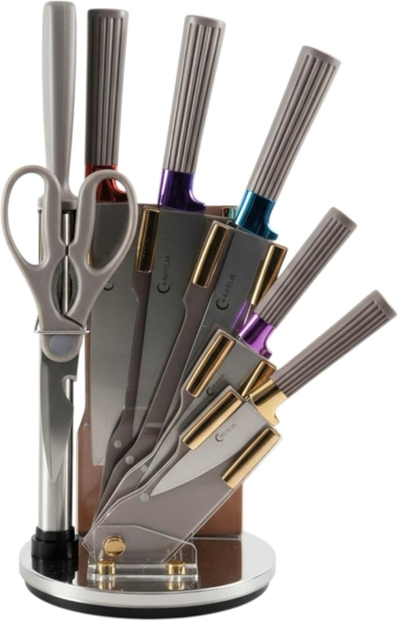 Professional 8 Piece Kitchen Knife Set with Elegant Rotating Base, Stainless Steel Blades in Premium Metallic Colors, Includes Scissors and Sharpener, Luxury Modern Design (Grey)