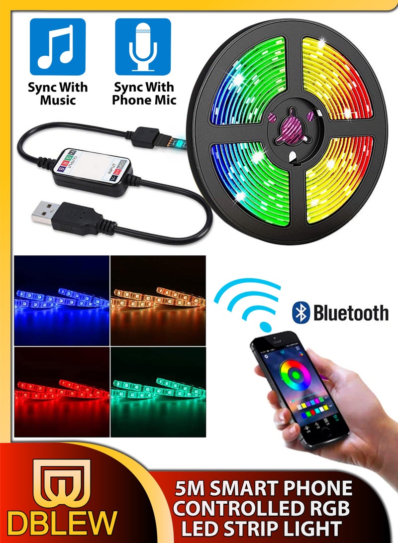 DBLEW 5M Flexible Smart Bluetooth RGB LED Strip Light Sync to Music Lighting for Home Decor Kitchen Bedroom Car Bike Hotel Outdoor Bar Parties Garden Desktop Decoration Mobile App Control USB Powered - Image 1
