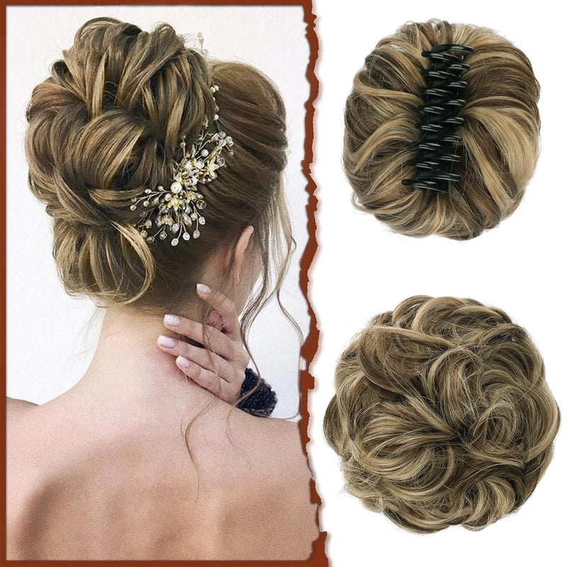 SOFEIYAN Claw Clip Messy Bun Hair Piece Wavy Curly Hair Bun Clip in Claw Chignon Ponytail Hairpieces Synthetic Tousled Updo Hair Extensions Scrunchie Hairpiece for Women Brunette Mixed Ash Blonde