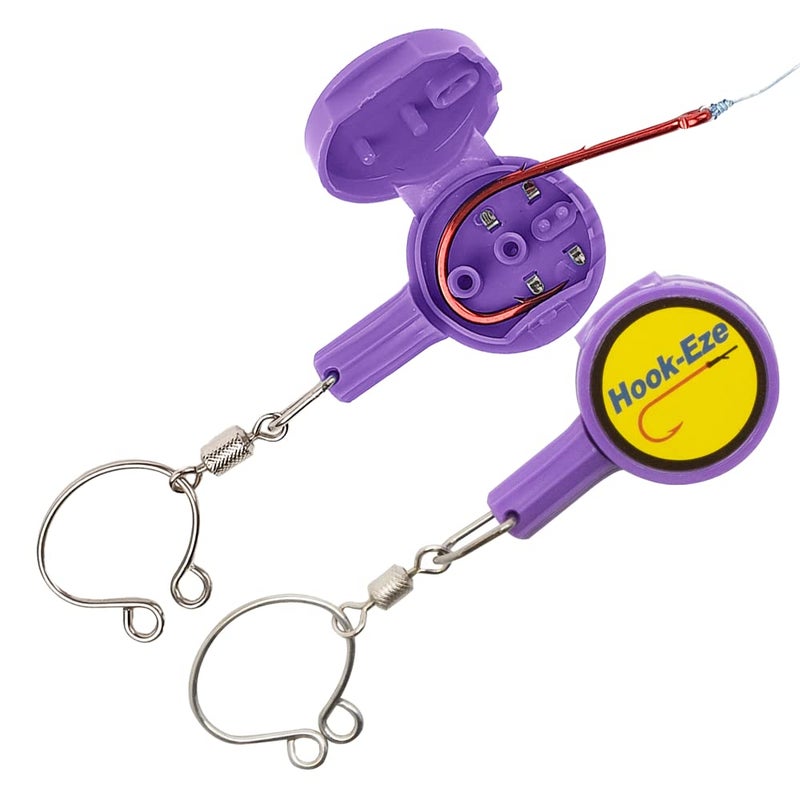 HOOK-EZE 2023 Updated Design Fishing Gear Knot Tying Tool | Pack of 2 | Protect from Fish Hooks | Tie Fishing Knots Easily | Cool Gadgets | Ice & Fly Fishing Gifts for Beginner Anglers - Purple - Image 1