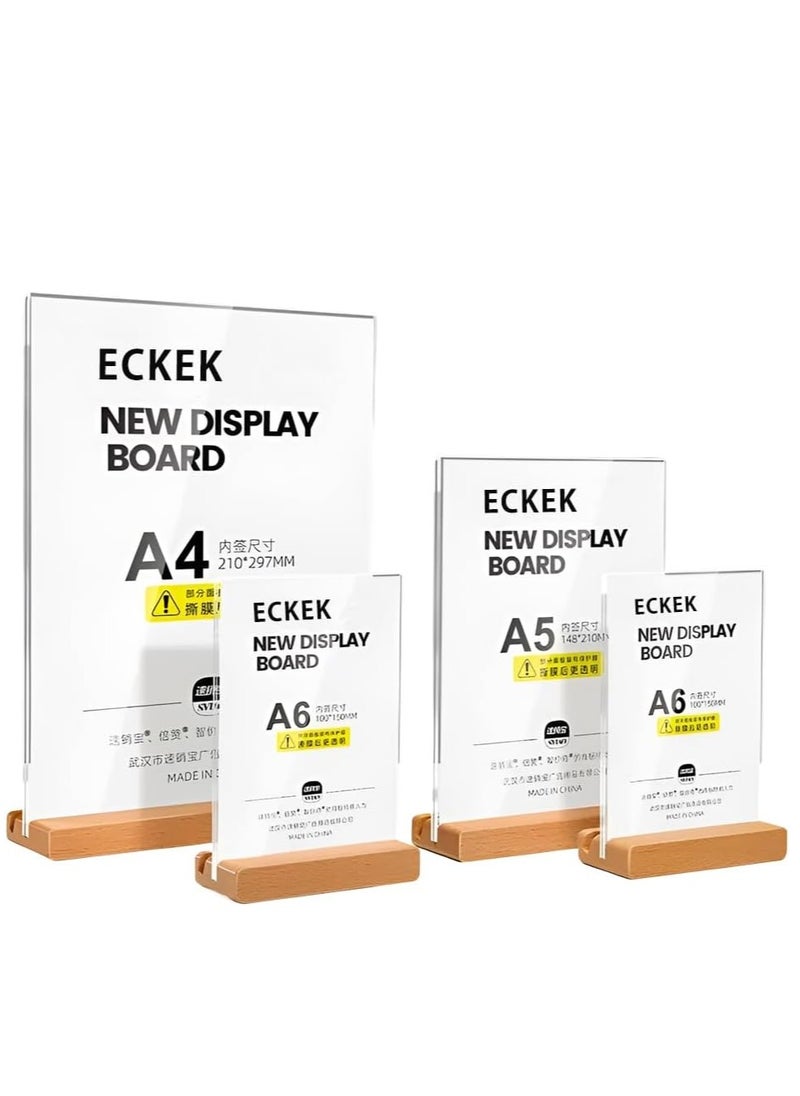 ECKEK Acrylic Sign Holder A4/A5/A6 Menu Displays Double Sided, Wood Base Table Top Sign Stand