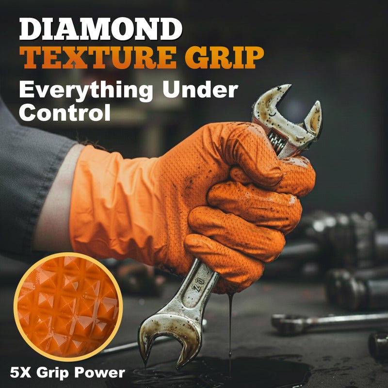 TitanFlex Heavy Duty Industrial Orange Nitrile Gloves, 8-mil, Gloves Disposable Latex Free with Raised Diamond Texture Grip, Powder Free, Rubber Glove, Mechanic Gloves,100-ct Box (Large) - Image 4