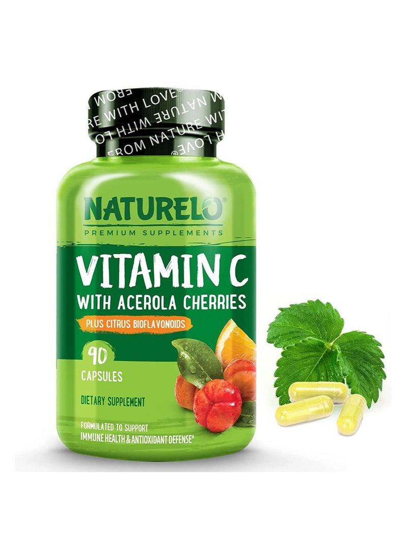 NATURELO - فيتامين سي مع كرز الأسرولا بالإضافة إلى الفلافونويدات الحمضية 90 كبسولة مكمل غذائي مصمم لدعم صحة المناعة والدفاع المضاد للأكسدة - Image 1