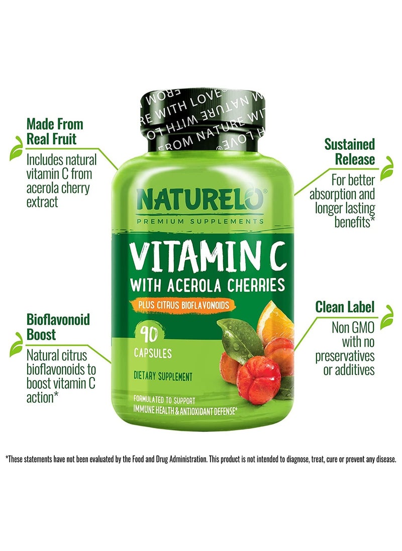 NATURELO - فيتامين سي مع كرز الأسرولا بالإضافة إلى الفلافونويدات الحمضية 90 كبسولة مكمل غذائي مصمم لدعم صحة المناعة والدفاع المضاد للأكسدة - Image 1