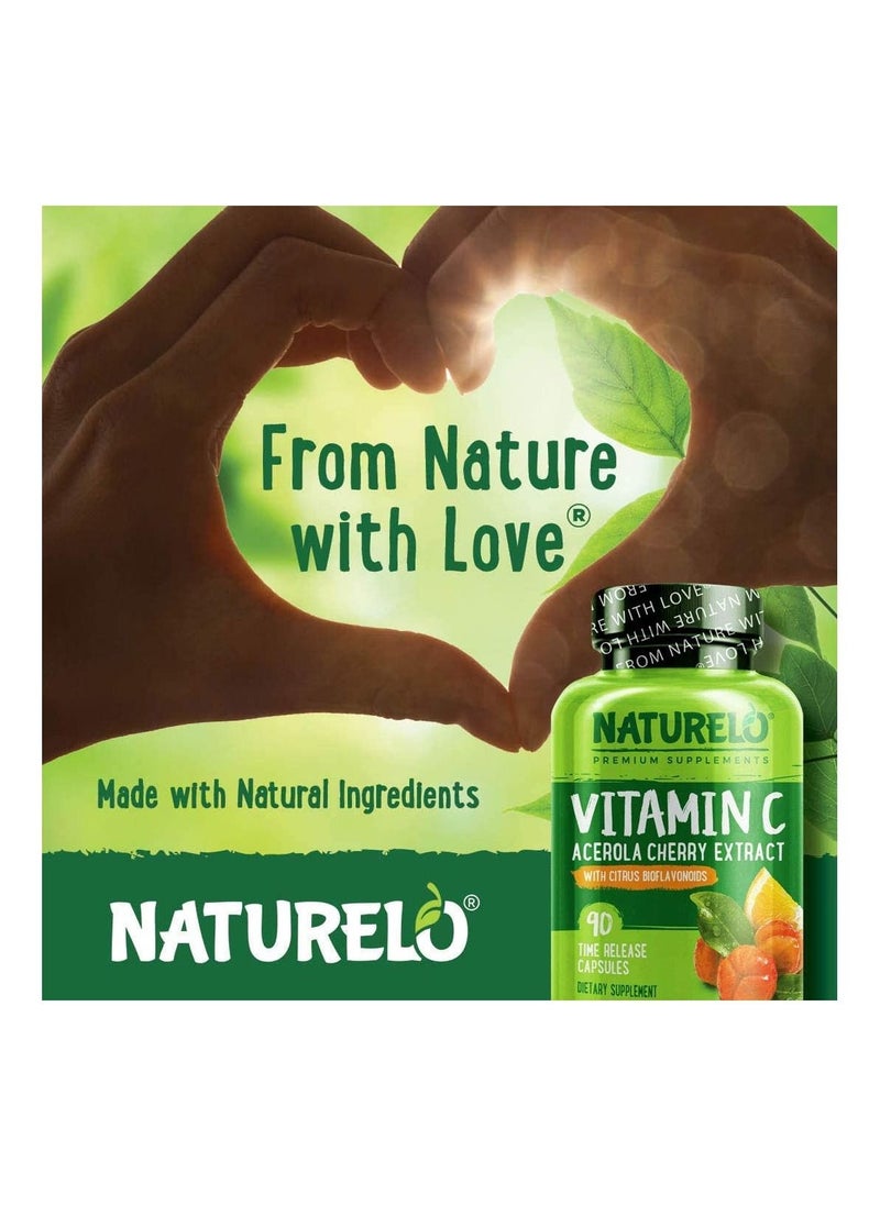 NATURELO - فيتامين سي مع كرز الأسرولا بالإضافة إلى الفلافونويدات الحمضية 90 كبسولة مكمل غذائي مصمم لدعم صحة المناعة والدفاع المضاد للأكسدة - Image 1