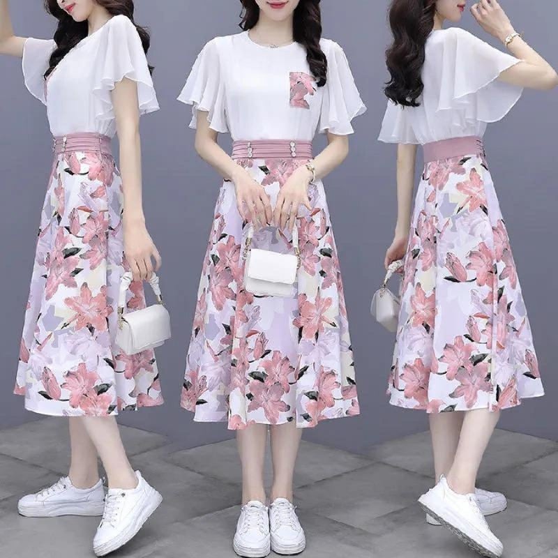 Casual Dress Suit for Women Summer 2024 Fashionable Slimming Look Popular Elegant Floral Skirt Two-Piece Set for Women Yellow - Image 2