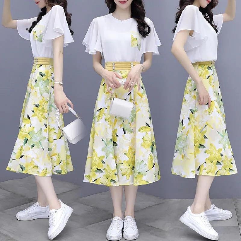 Casual Dress Suit for Women Summer 2024 Fashionable Slimming Look Popular Elegant Floral Skirt Two-Piece Set for Women Yellow - Image 1