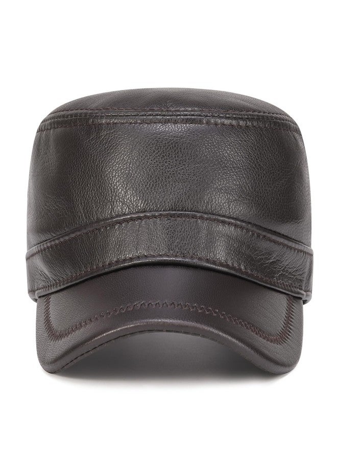 VOBOOM Leather Cadet Army Cap Adjustable Flat Top Cap Military Style Hat for Men (Brown) - Image 2