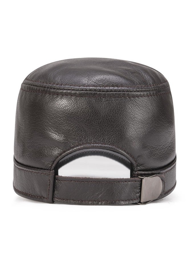 VOBOOM Leather Cadet Army Cap Adjustable Flat Top Cap Military Style Hat for Men (Brown) - Image 4