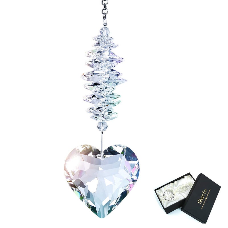 Shario 45mm Clear Glass Heart Crystal Ball Prism Pendant Suncatcher for Windows Outdoor Garden Hanging Dcor Gifts for Women Mom