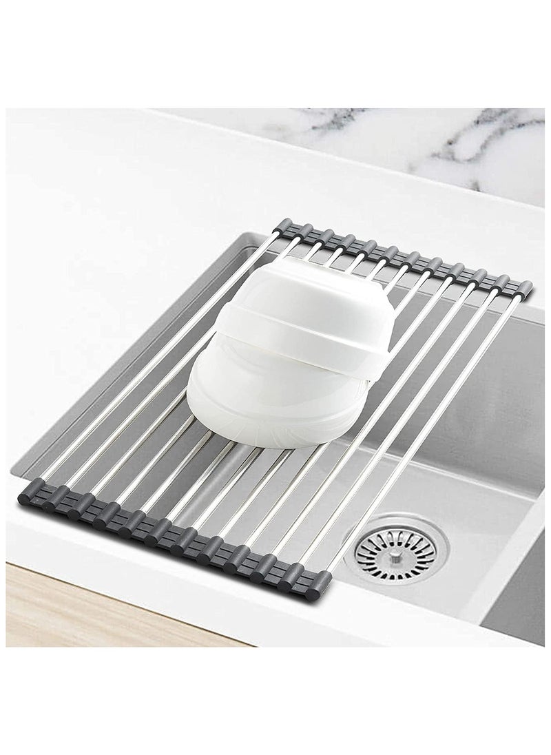 Hihonor - Dish Drying Rack Roll Up Sink Drying Rack, Searik Over The Sink Dish Rack Multi-Use Stainless Steel Dish Drainers Heat Resistant Mat for Drying Draining Trivet (17"x 15.7") - Image 1
