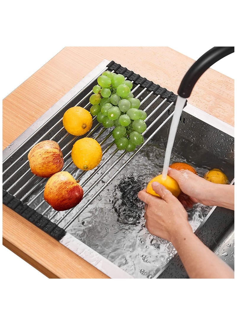 Hihonor - Dish Drying Rack Roll Up Sink Drying Rack, Searik Over The Sink Dish Rack Multi-Use Stainless Steel Dish Drainers Heat Resistant Mat for Drying Draining Trivet (17"x 15.7") - Image 1