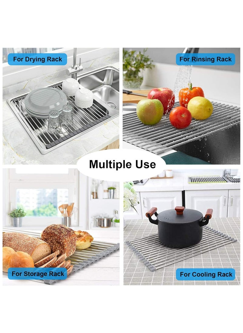 Hihonor - Dish Drying Rack Roll Up Sink Drying Rack, Searik Over The Sink Dish Rack Multi-Use Stainless Steel Dish Drainers Heat Resistant Mat for Drying Draining Trivet (17"x 15.7") - Image 1