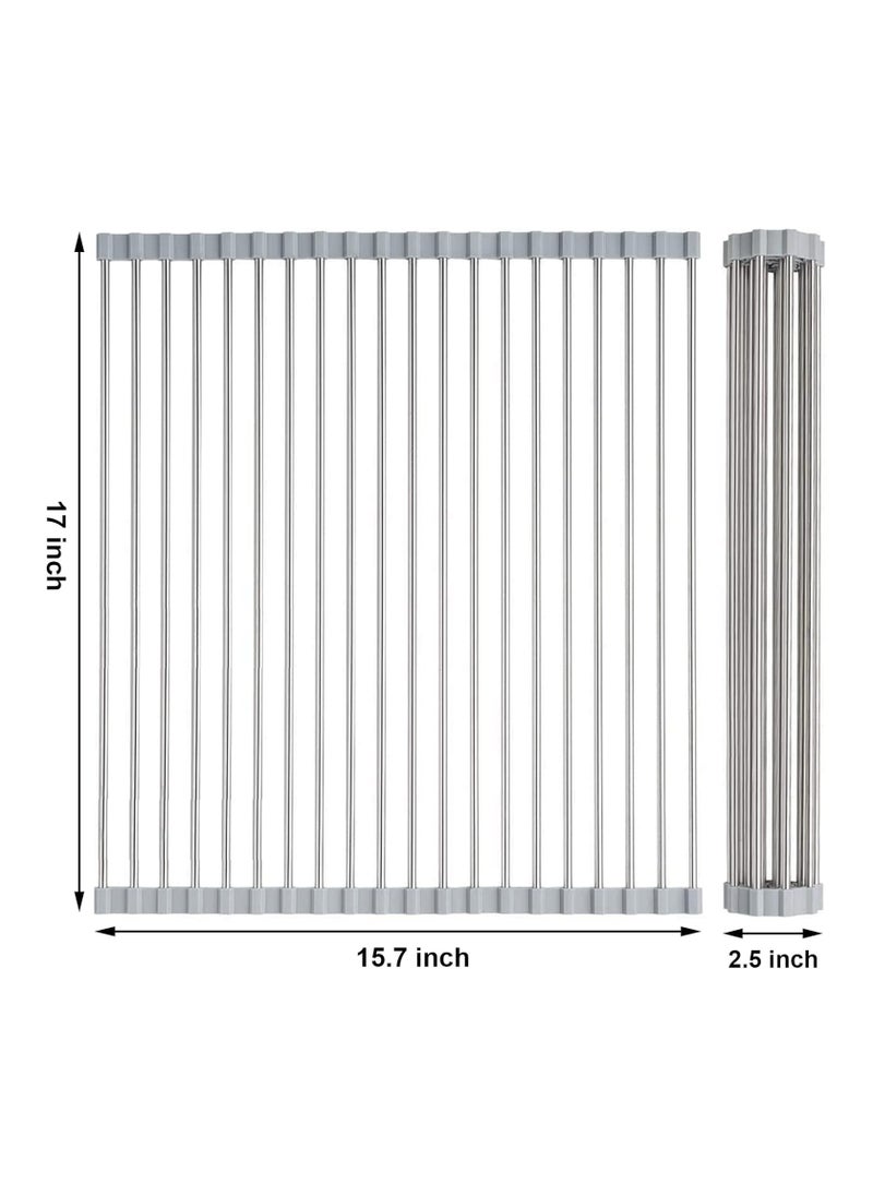Hihonor - Dish Drying Rack Roll Up Sink Drying Rack, Searik Over The Sink Dish Rack Multi-Use Stainless Steel Dish Drainers Heat Resistant Mat for Drying Draining Trivet (17"x 15.7") - Image 1