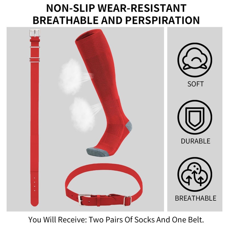 QBK Toddler Baseball Socks And Belt Youth Softball Tee Ball Combo Set for Boy Girl (2 Pairs of Socks & 1 Belt) Red 5-7T - Image 2