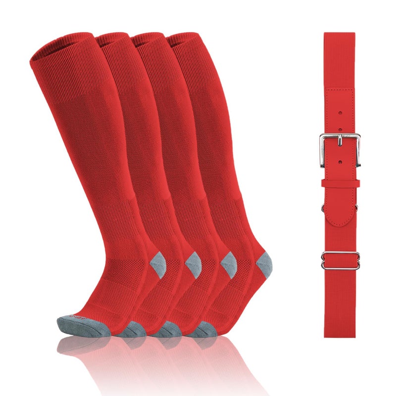 QBK Toddler Baseball Socks And Belt Youth Softball Tee Ball Combo Set for Boy Girl (2 Pairs of Socks & 1 Belt) Red 5-7T - Image 1